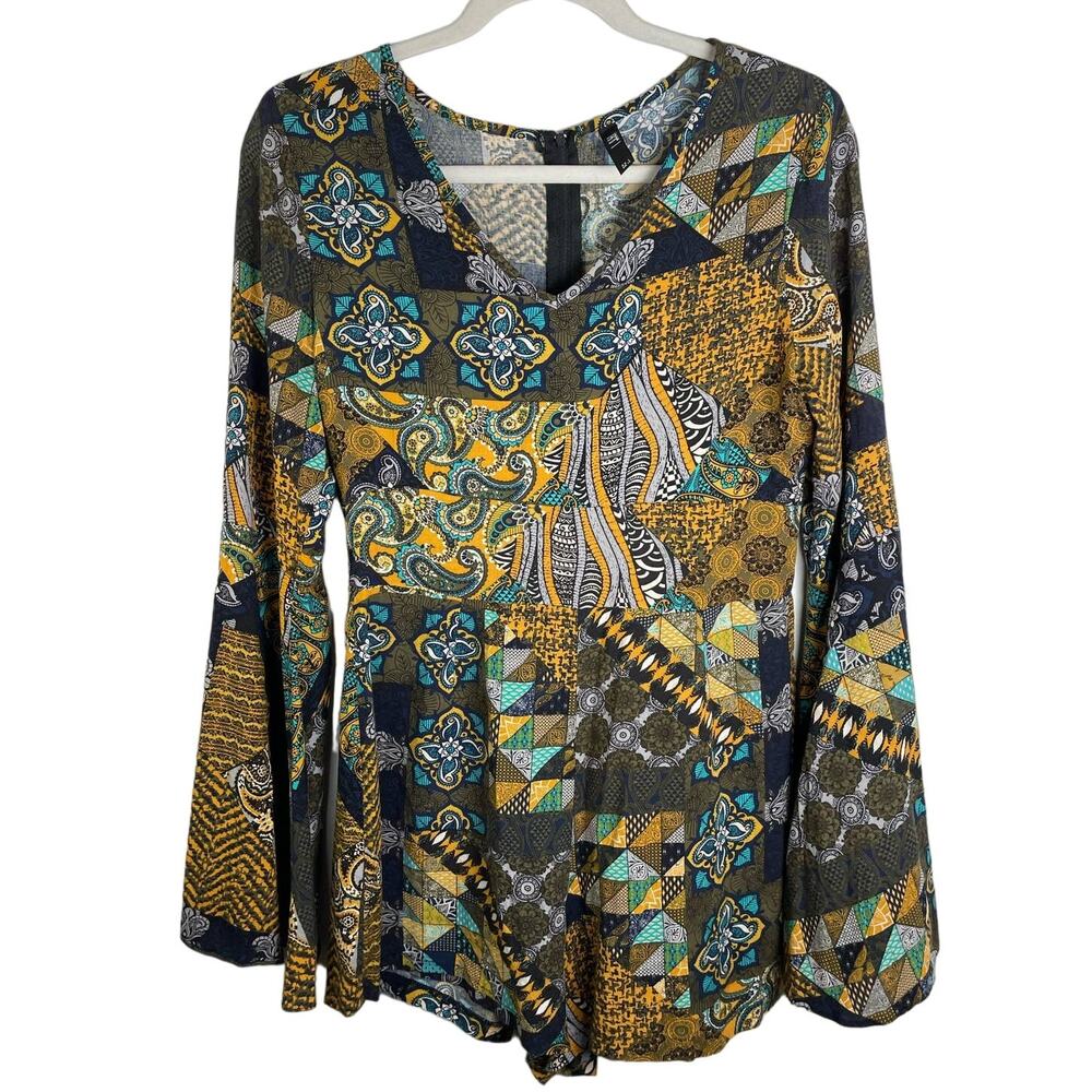 RTI Boho Multicolored Romper Flare Sleeve One Piece Suit 70's Style Shorts Sz M